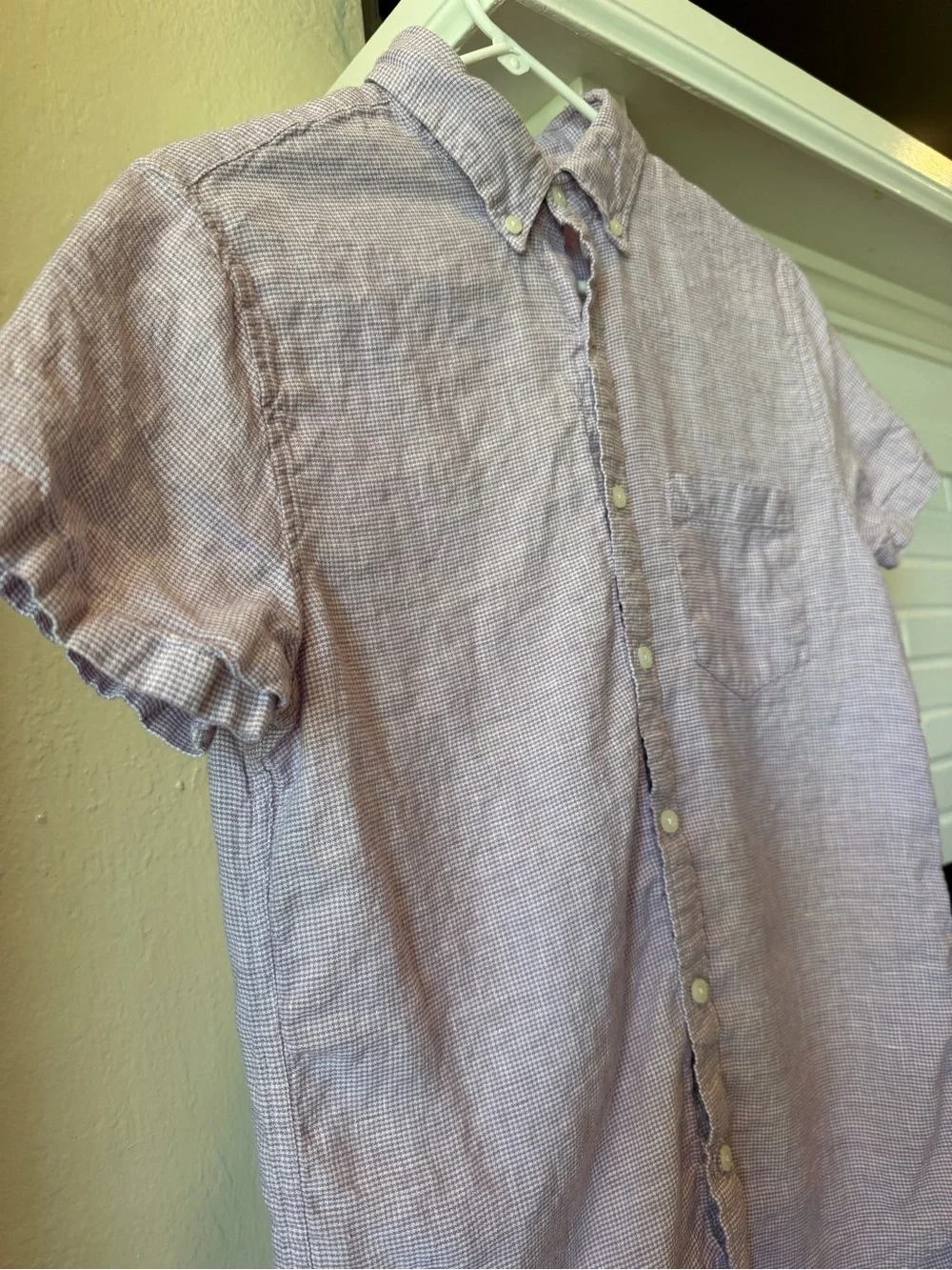 J.Crew Linen Blend Short Sleeve Button Down Shirt Purple Gingham Size Small